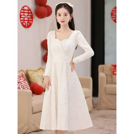 白色小礼服女冬季敬酒服长袖平时可穿法式订婚领证登记小白裙秋冬商品大图
