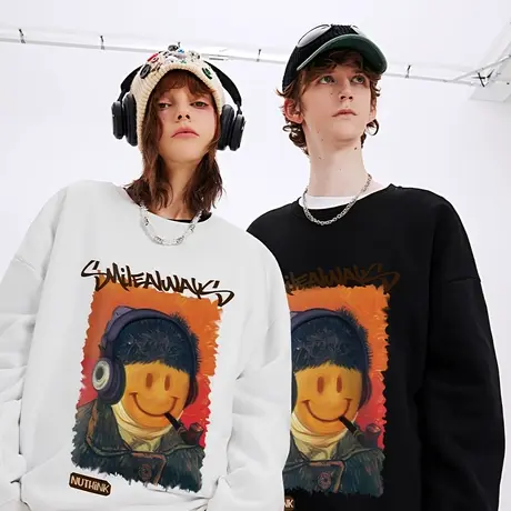 Nuthink日系原宿风微笑油画圆领卫衣男宽松大码加绒加厚情侣冬季商品大图
