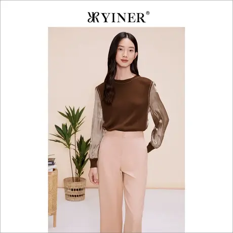 YINER音儿女装春季美丽诺羊毛莱赛尔撞色假两件针织衫图片