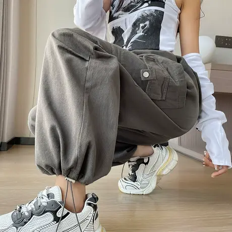 灰色工装裤女春季2024新款美式小个子降落伞休闲束脚直筒阔腿裤子图片