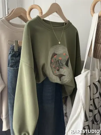 韩国趣味大鱼插画小众个性设计感休闲圆领洋气百搭宽松卫衣秋女商品大图