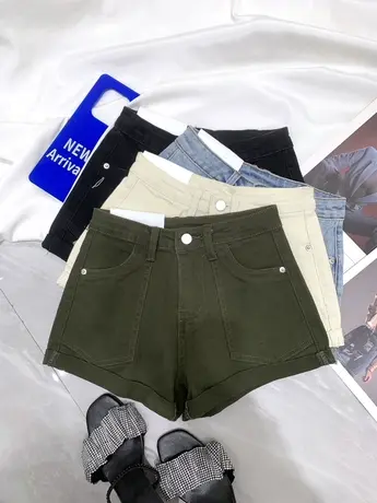欧洲站口袋弹力牛仔短裤2024春夏新款显瘦百搭高腰裤辣妹包臀短裤图片