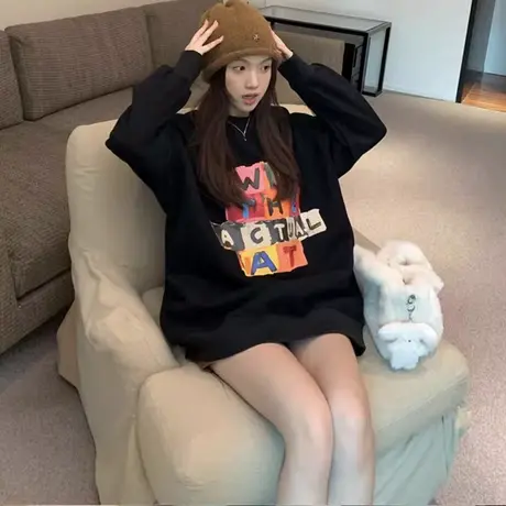 美式炸街复古卫衣女2024年新款秋冬加绒中长款遮屁股圆领宽松上衣商品大图