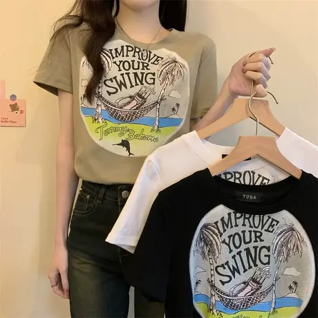 设计感小众正肩短袖t恤女港味chic复古美式夏季修身显瘦短款上衣图片