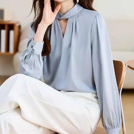 韩潮袭人高级感镂空绑带衬衫百搭通勤时髦缎面雪纺衬衣商品大图