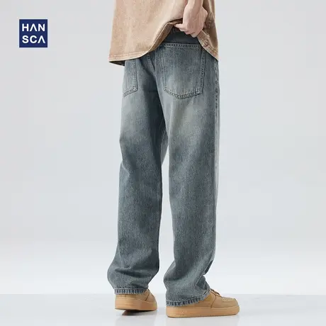 hansca春季美式牛仔裤男潮牌宽松直筒复古水洗做旧休闲大码长裤子商品大图