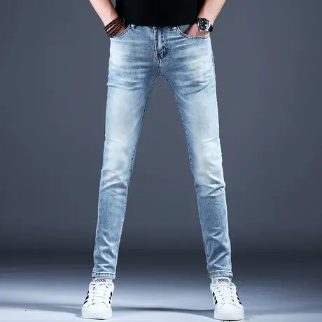 欧洲站男士弹力牛仔裤子男款浅蓝色修身百搭小脚2024新款春夏潮牌商品大图