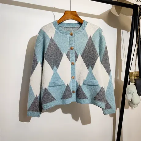 菱形格毛衣外套女春秋新款韩版宽松圆领洋气百搭甜美针织开衫上衣商品大图