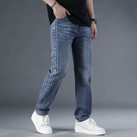 夏季新款侧条纹印花男士牛仔裤美式高街宽松直筒休闲长裤潮牌男裤商品大图