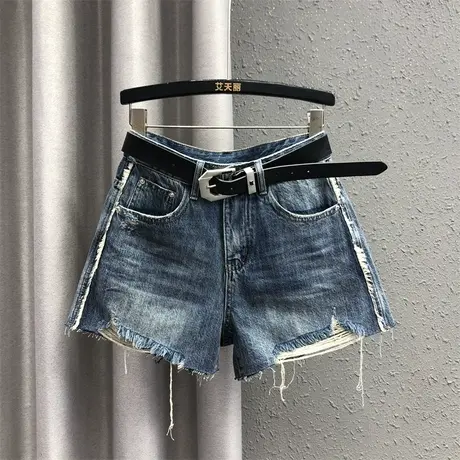 欧货阔腿裤女2024春夏新款蓝色磨破设计感宽松休闲百搭牛仔短裤潮图片