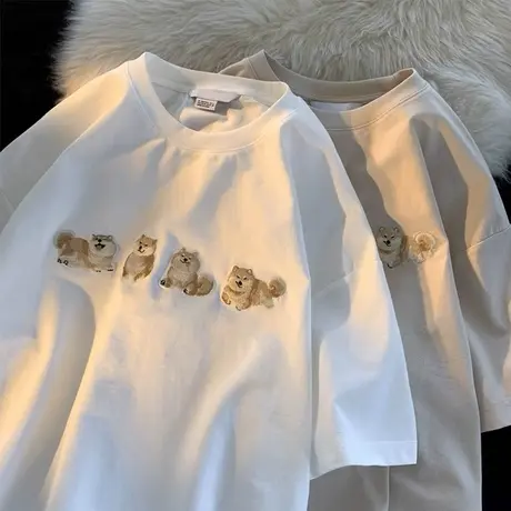 夏季纯棉宽松短袖T恤男ins潮流落肩袖刺绣柴犬卡通内搭半袖上衣服商品大图