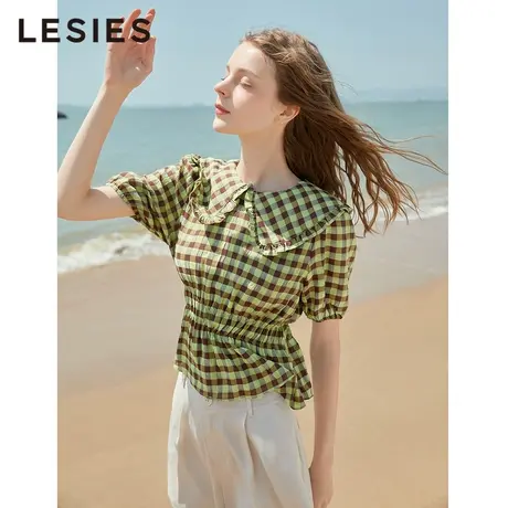 蓝色倾情春夏装新款女 法式格子娃娃领松紧腰短袖套头减龄上衣商品大图