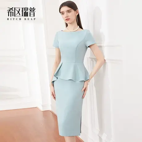 希区瑞普高端气质连衣裙2023新款夏女装一字肩短袖荷叶边职业裙子图片