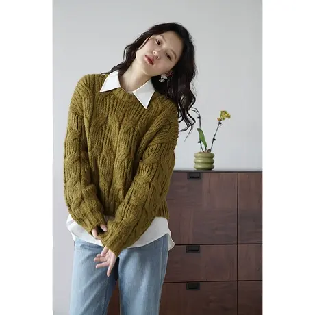 嘉茱莉2023早秋新款麻花圆领针织上衣女小个子短款宽松套头针织衫商品大图