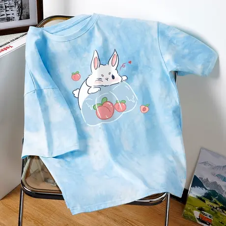 夏季短袖t恤女2023新款宽松纯棉半袖蓝色扎染体恤学生小个子上衣商品大图