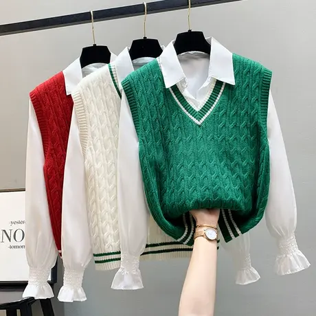 V领拼色针织马甲女2023年春季新款高级麻花背心宽松叠穿毛衣坎肩商品大图