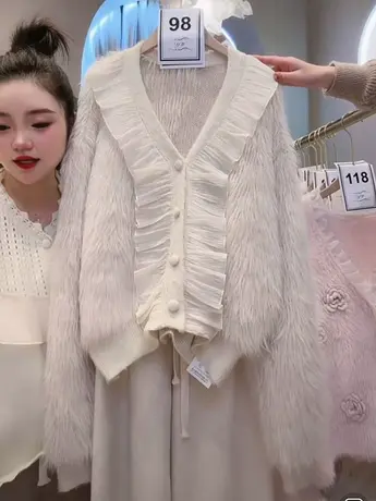 慵懒风高级感外套韩版宽松显瘦气质V领木耳边甜美百搭针织衫毛衣图片