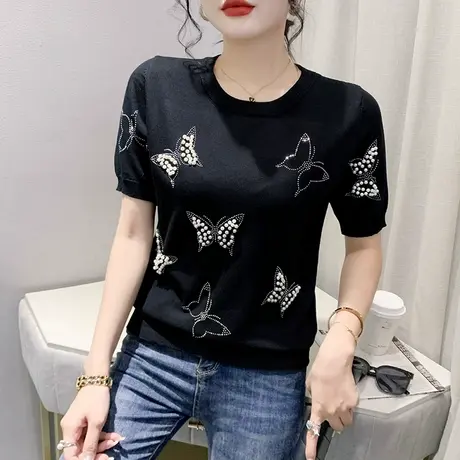 时尚钉珠烫钻T恤女短袖2023夏新款百搭显瘦针织上衣别致圆领小衫商品大图
