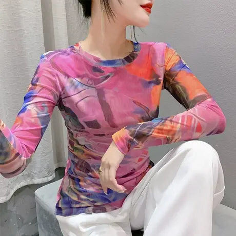 2023秋季网纱圆领T恤女长袖性感扎染印花上衣洋气修身透气打底衫商品大图