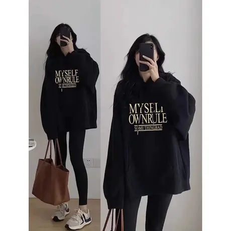 秋冬新款卫衣女纯棉2023加绒加厚宽松韩版包臂中长款休闲连帽外套商品大图