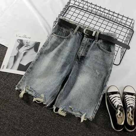 水洗磨白五分仔裤女2022韩版新款高腰显瘦chic复古毛边直筒中裤商品大图