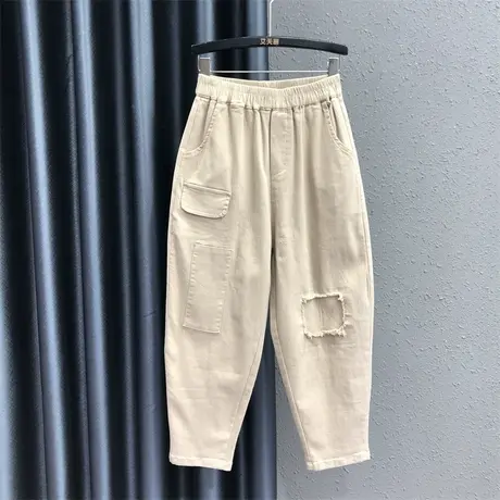 不对称设计感休闲小脚萝卜裤欧货女秋个性口袋显瘦高腰牛仔哈伦裤商品大图