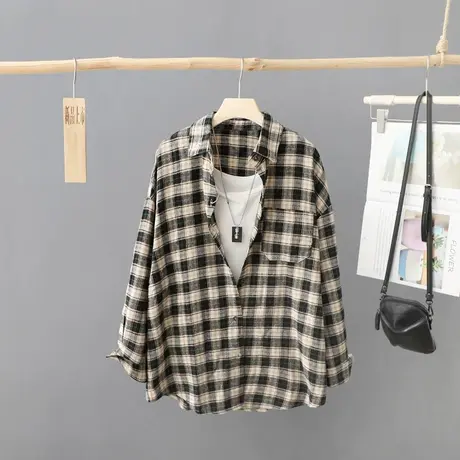 复古港味格子衬衫女长袖秋装2023年新款韩版宽松百搭外套衬衣上衣商品大图