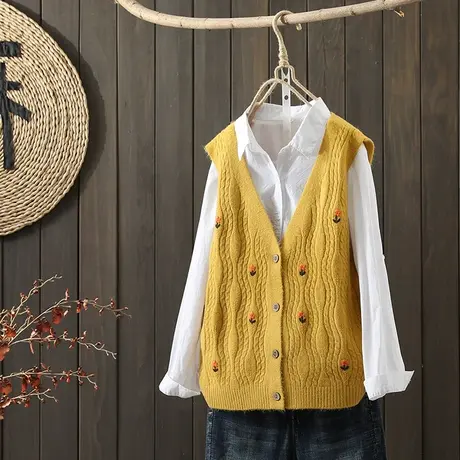 枫谜2021年秋季新款文艺简约提花针织毛衣马甲女休闲针织无袖毛衣商品大图