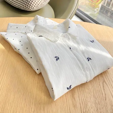 夏装文艺小清新双层棉纱树叶波点印花短袖衬衫女宽松百搭休闲上衣图片