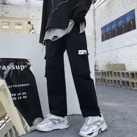 网红工装裤子女春秋宽松阔腿高腰直筒显瘦百搭ins超火休闲运动裤图片