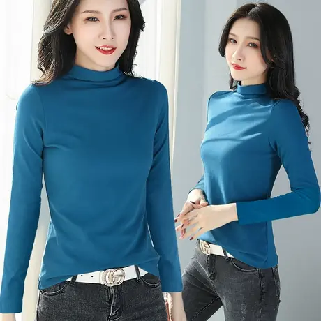 深蓝色小高领t恤女简单上衣2023新款春秋螺纹长袖修身外穿打底衫图片