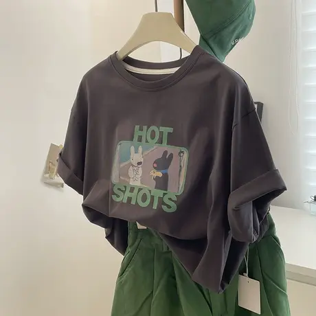 气质深灰色卡通印花T恤！韩风chic百搭减龄宽松圆领休闲短袖女夏商品大图