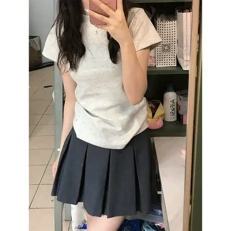 纯棉正肩灰色短袖t恤女高级感修身显瘦打底衫港味chic半袖上衣ins商品大图