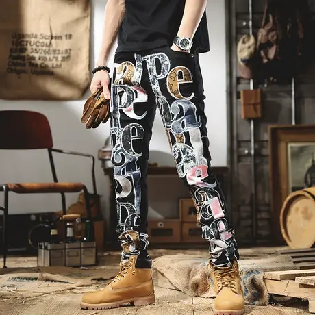 夏季潮牌牛仔裤男印花直筒宽松欧美朋克男士长裤子男百搭韩版潮流商品大图