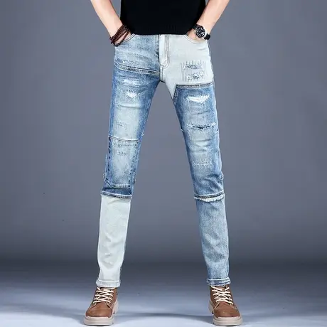 男士破洞补丁牛仔裤男春百搭美式高街潮牌男款裤子夏季休闲工装裤图片