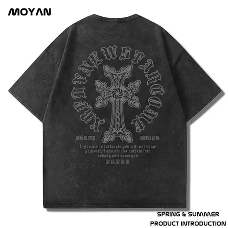 重磅纯棉水洗做旧短袖t恤男高街美式潮牌复古十字架宽松休闲半袖图片