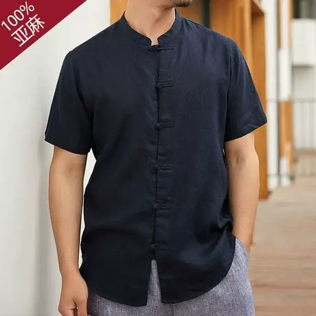 夏季短袖衬衫男亚麻复古薄款男士上衣宽松中国风棉麻立领休闲衬衣商品大图