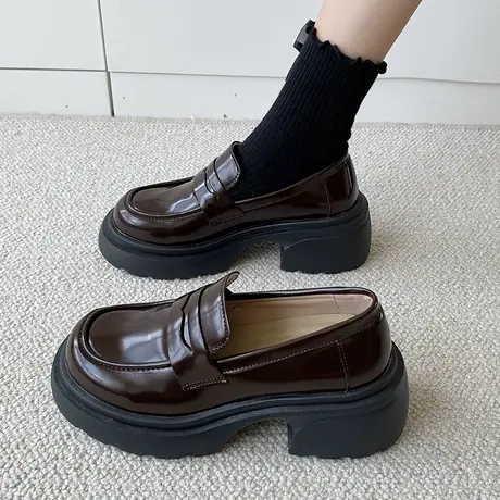 厚底粗跟法式棕色高跟鞋女2023新款夏季款英伦百搭森系乐福小皮鞋商品大图