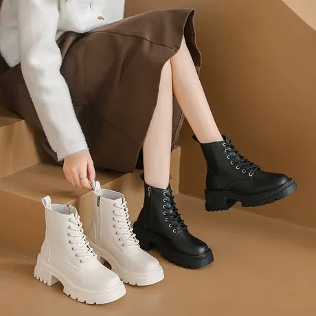 配裙子白色马丁靴女2023秋季新款系带厚底切尔西短靴圆头中筒单靴商品大图