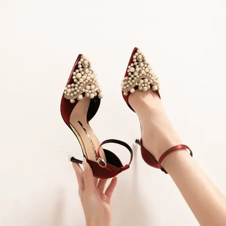 一字带气质高跟鞋女2023夏季新款尖头性感结婚鞋中空细跟百搭凉鞋图片