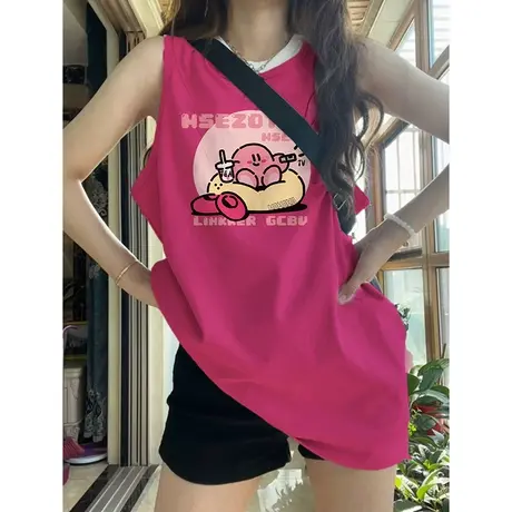 印花宽松背心t恤女火龙果色u领坎肩设计感无袖ins潮牌辣妹上衣夏图片
