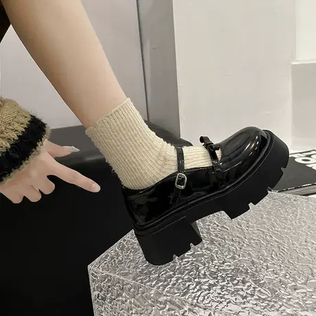 复古小皮鞋女2024年新款黑色气质小个子单鞋粗跟厚底增高玛丽珍鞋商品大图