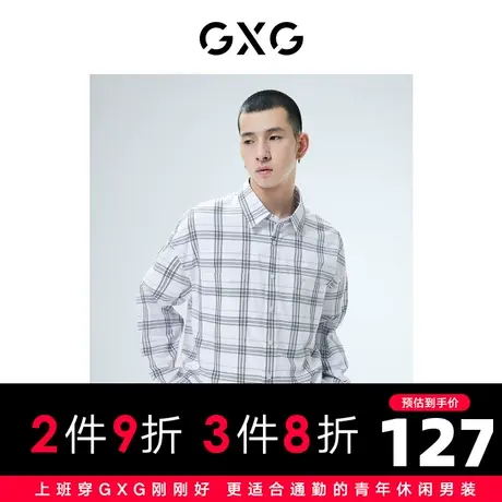 【预】GXG 翻领格子长袖衬衫休闲外穿后背字母印花22年秋新品图片