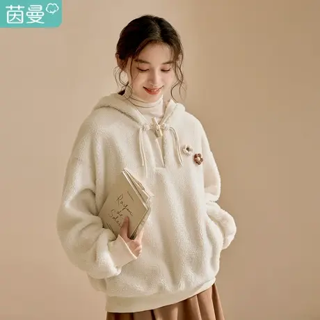 茵曼2023冬女装新款简约休闲宽松胸前花朵装饰设计连帽羊羔绒外套商品大图