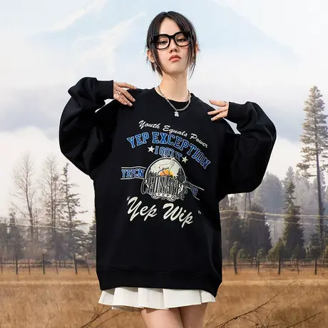 YEP美式复古字母印花圆领卫衣女ins潮春秋上衣hiphop高级感超好看商品大图