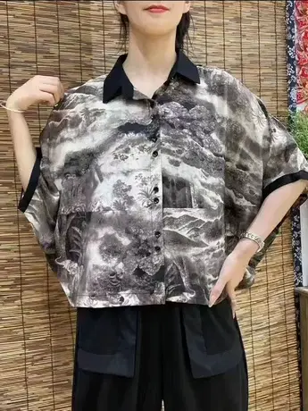 2023夏季新款爆款气质小衫五分袖翻领雪纺衫透气时尚印花上衣潮款商品大图