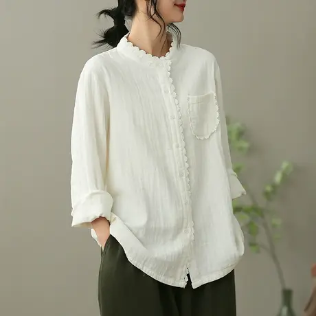 dza 复古纯棉白色长袖衬衣女士春季辛苦宽松短上衣设计感休闲衬衫图片