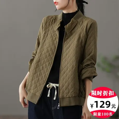 dza 复古短款宽松工装外套女士春季新款百搭显瘦上衣休闲菱格夹克图片