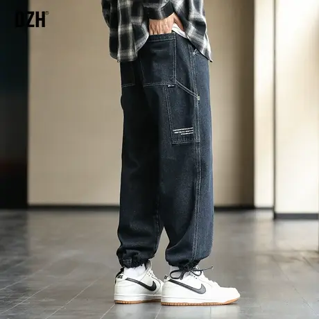 男士美式束脚牛仔裤男秋季潮牌抽绳直筒裤休闲春夏裤子2023年新款商品大图