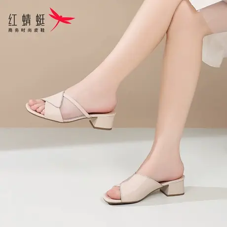 红蜻蜓女士一字拖拖鞋女新款外穿夏季绝美高跟凉拖鞋真皮夏天凉鞋商品大图